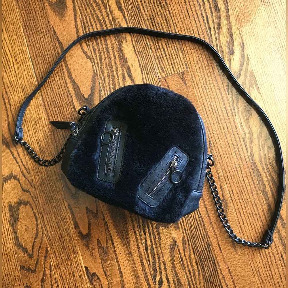Full Black Fur Front Face and Leather Back Crossbody Bag